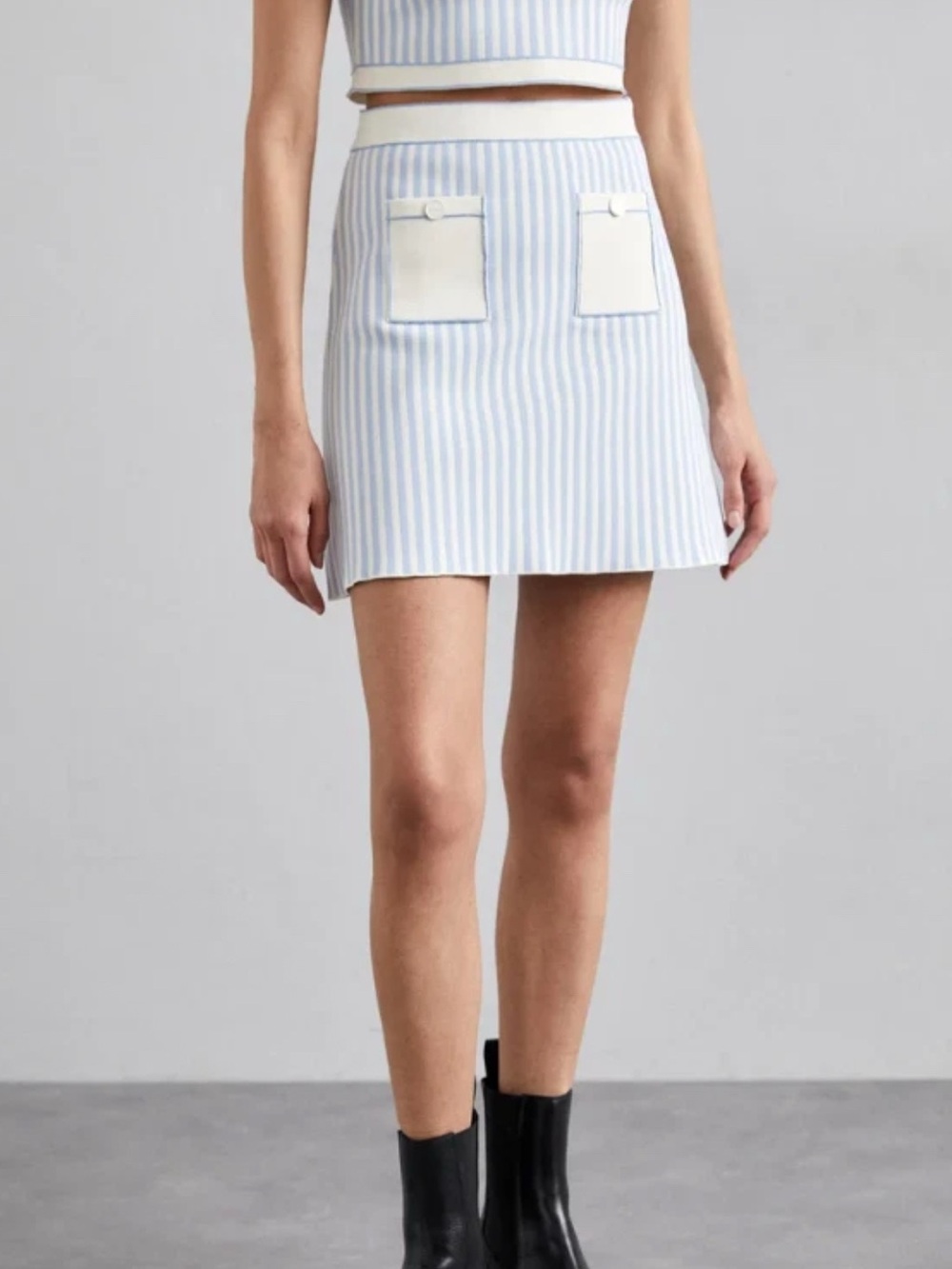 Sandro Blue and White Striped A-Line Skirt with Front Patch Pockets size 42